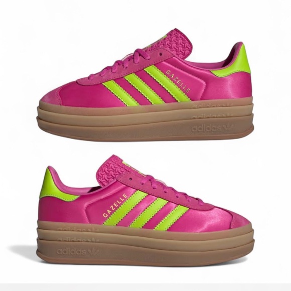 adidas Shoes - adidas Gazelle Bold satin Pink and Lime platform Sneakers sz 7